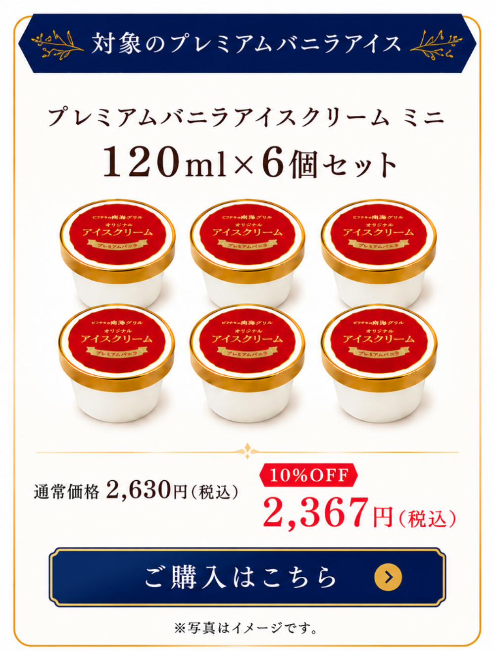 プレミアムバニラアイスクリーム ミニ 120ml×6個セット 10％OFFキャンペーン